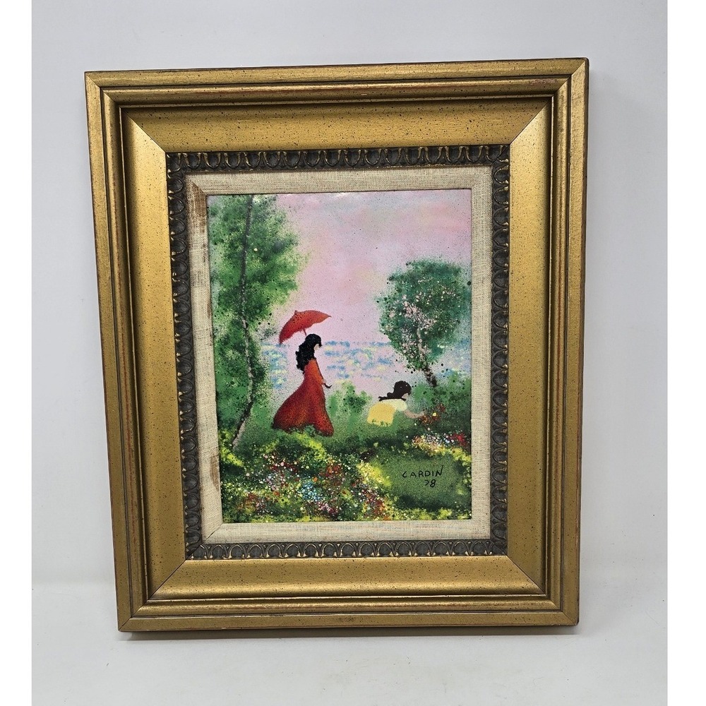 Vtg Louis Cardin enamel on copper painting signed framed 1978‎ cottagecore